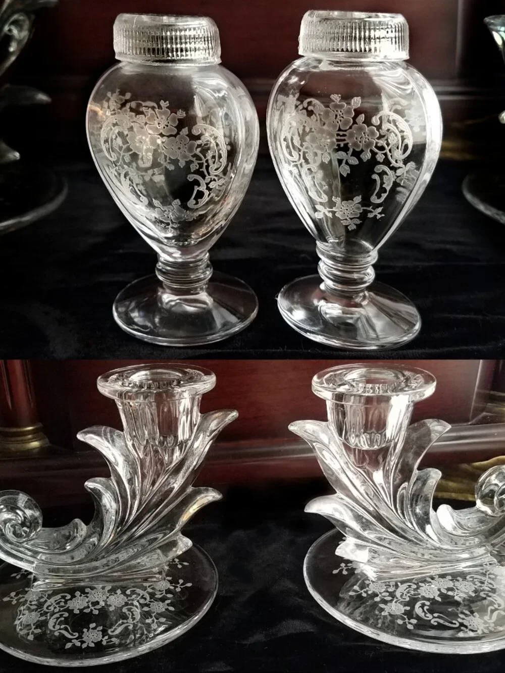 Fostoria Meadow Rose Vintage Glass Candlesticks & RARE Salt & Pepper Shakers